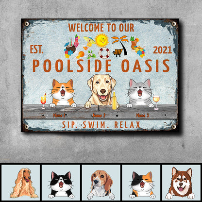 Metal Pool Signs, Gifts For Pet Lovers, Poolside Oasis Sip Swim Relax Hawaii Style Welcome Signs