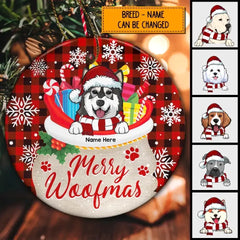 CATS AND DOGS IN SANTA BAG RED CHECKERED ROUND CERAMIC ORNAMENTS - PERSONALIZED CATS AND DOGS DECORATIVE CHRISTMAS ORNAMENTS