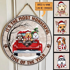 CHRISTMAS DOOR DECORATIONS, GIFTS FOR DOG LOVERS, IT'S THE MOST WONDERFUL TIME OF THE YEAR OLD WOODEN RED TRUCK , DOG MOM GIFTS