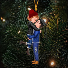 CHRISTMAS DOLL COUPLE HUGGING KISSING PERSONALIZED ORNAMENT