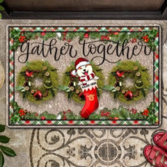 CHRISTMAS CUSTOM DOORMAT, GIFTS FOR DOG LOVERS, GATHER TOGETHER DOG IN CHRISTMAS STOCKING HOLIDAY DOORMAT