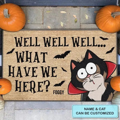 PERSONALIZED CUSTOM DOORMAT - HALLOWEEN GIFT FOR CAT LOVER, CAT MOM, CAT DAD - WELL WHAT HAVE WE HERE