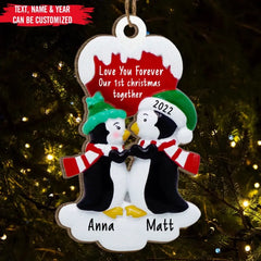 Personalized Couple Ornament - Love You Forever, Kissing Penguin Couple Ornament, Couples First Christmas, Custom Ornament For New Couple