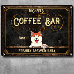 Coffee Bar Freshly Brewed Daily, Vintage Sign, Dog & Beverage, Personalized Dog Breeds Metal Sign