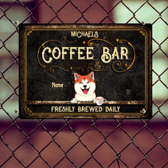 Coffee Bar Freshly Brewed Daily, Vintage Sign, Dog & Beverage, Personalized Dog Breeds Metal Sign