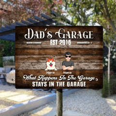 Welcome Metal Garage Sign, Gifts For Pet Lovers, Dad's Garage What Happens In The Garage Stays In Wooden Style