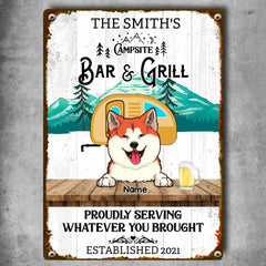 Campsite Bar & Grill Proudly Serving Whatever You Brought, Camping Sign, Personalized Dog & Cat Metal Sign