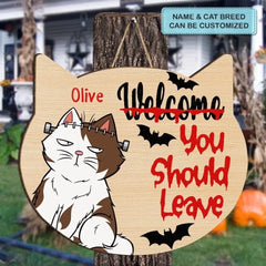 Personalized Custom Door Sign - Halloween Gift For Cat Lover, Cat Mom, Cat Dad, Cat Parents - Welcome You Should Leave