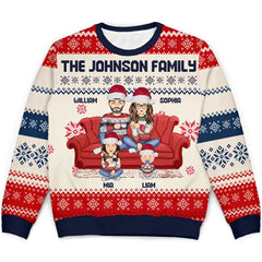 Cartoon Couple With Kids And Pets - Personalized Unisex Ugly Sweater