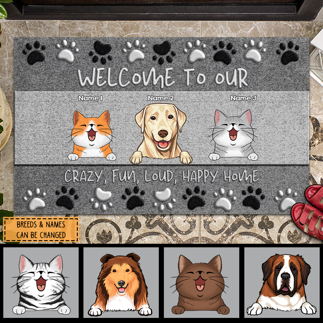 Welcome To Our Crazy Fun Loud Happy Home, Black And White Pawprints, Personalized Dog & Cat Doormat, Pet Lovers Gifts