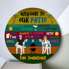 Patio Welcome Grilling Chilling - Gift For Couples - Personalized Custom Wood Circle Door Sign