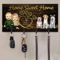 Home Sweet Home Couple & Dogs - Personalized Key Hanger, Key Holder - Anniversary Gifts, Gift For Couples, Husband Wife, Dog Lovers