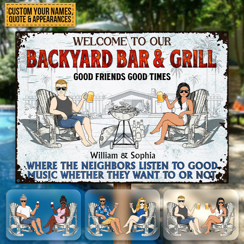 Poolside Grilling Listen To The Good Music Couple Husband Wife Pride - Backyard Sign - Personalized Custom Classic Metal Signs